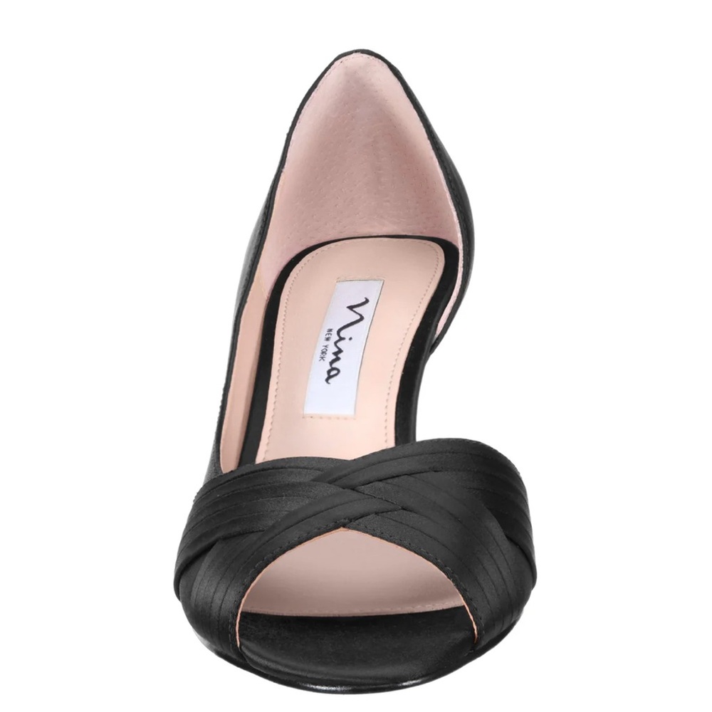 Nina Black Satin Contesa Peep Toe Heels Elegant Design 8 1/2 W